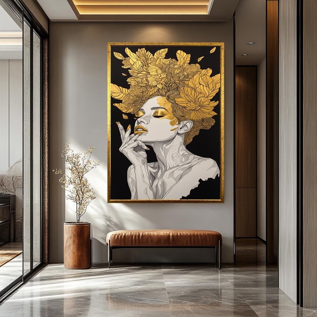 Women Wall Art - Gold Floral Canvas Abstract | Luxury Female Portrait Print