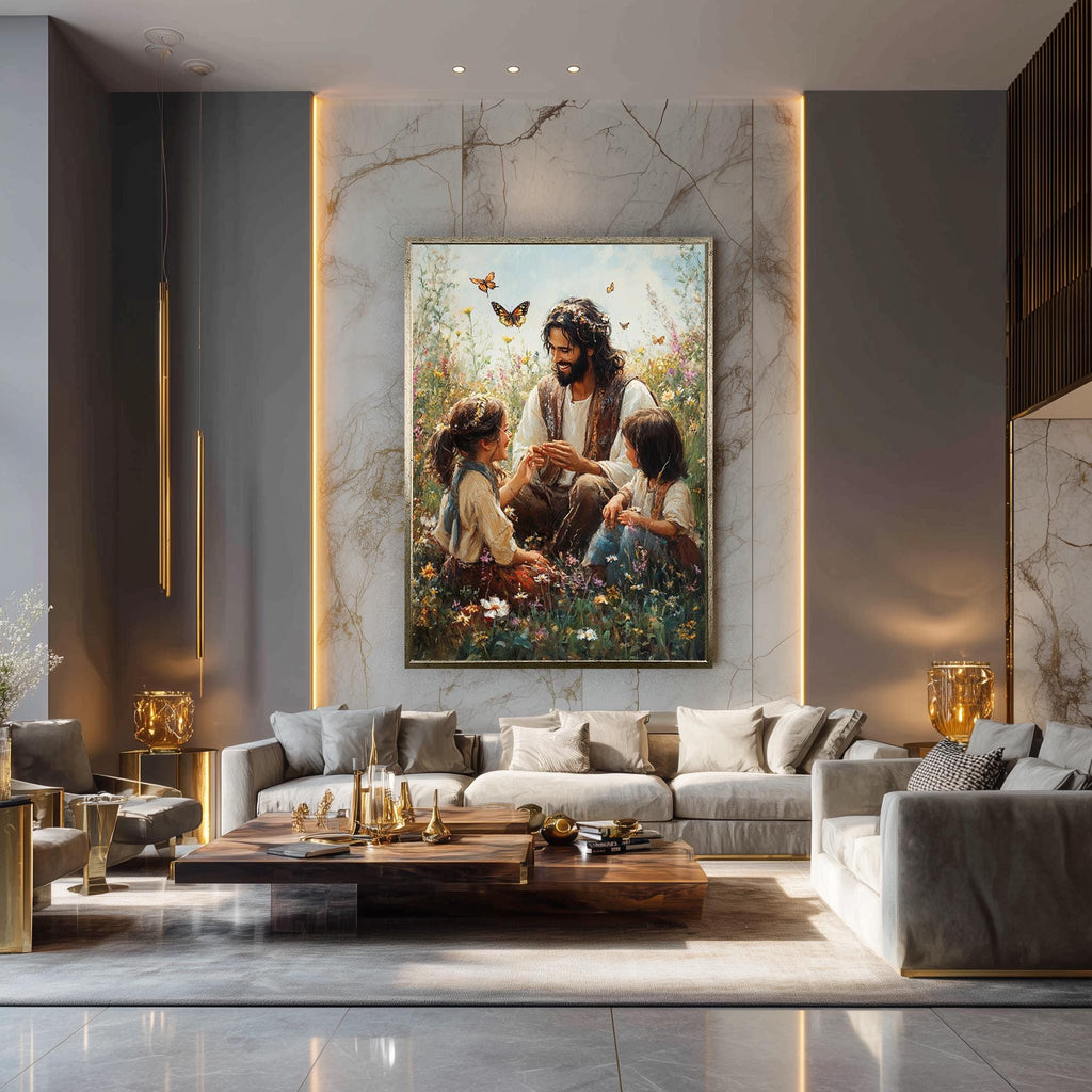 Jesus with Children Canvas - Joyful Christian Wall Art | Flower Field Print