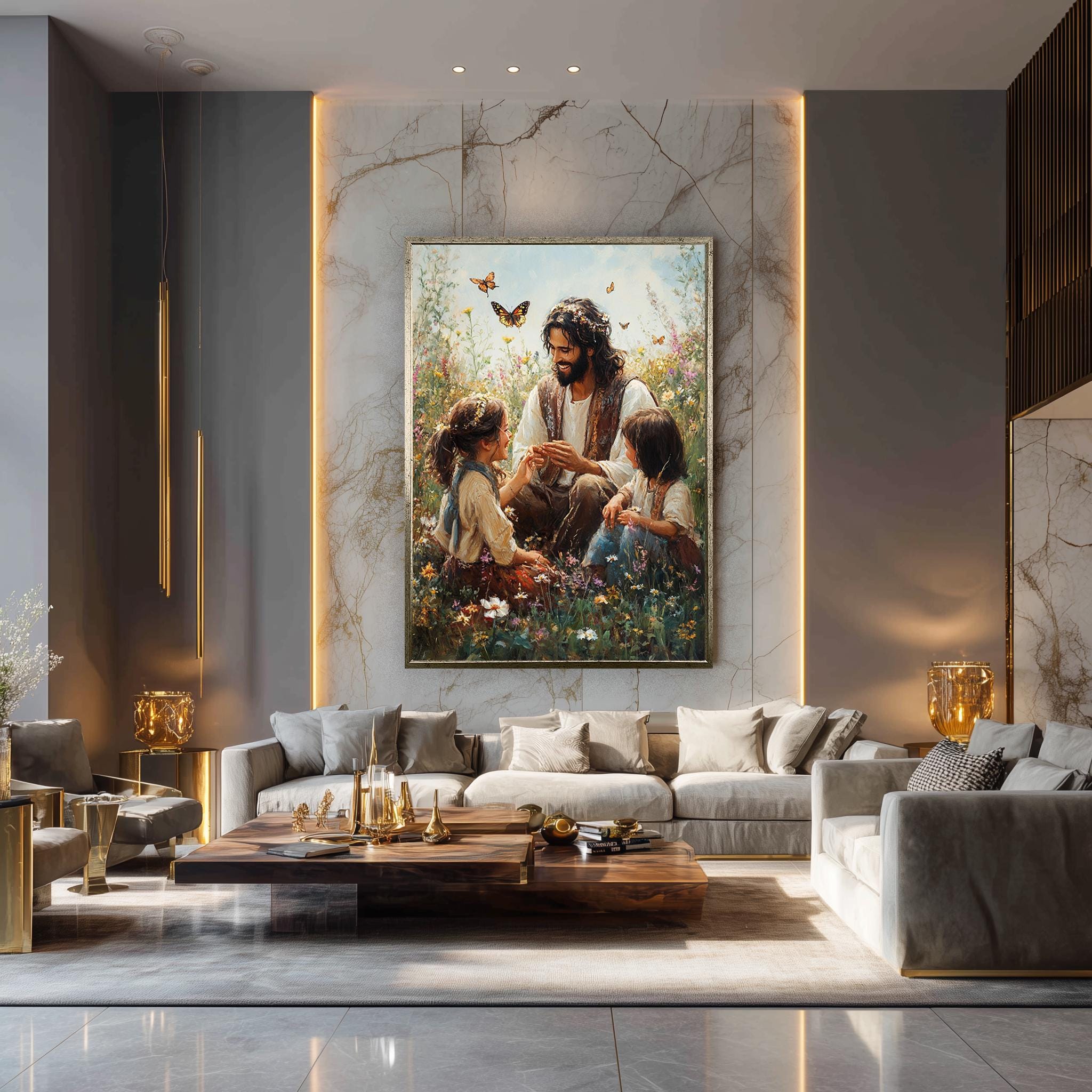 Jesus with Children Canvas - Joyful Christian Wall Art | Flower Field Print