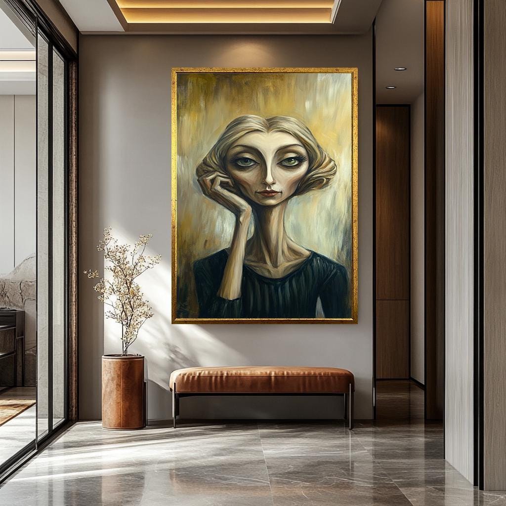 Abstract Woman Wall Art – Surreal Expressionist Painting | Quirky Female Portrait Print