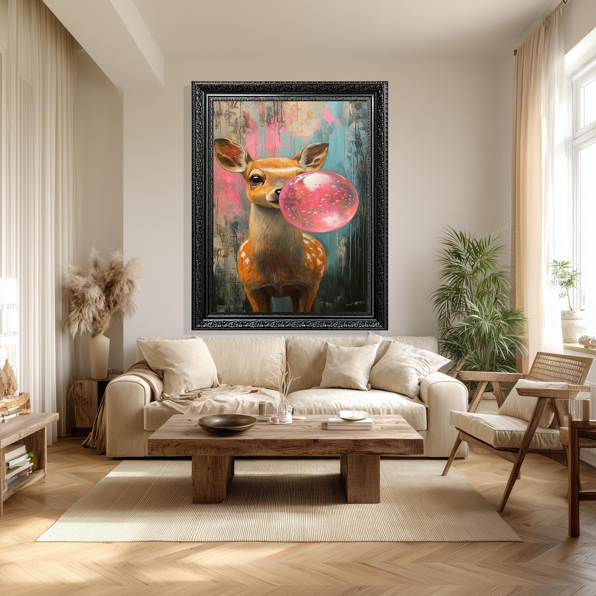 Deer Blowing Bubblegum Canvas – Cute Animal Nursery Wall Art with Colorful Grunge Background