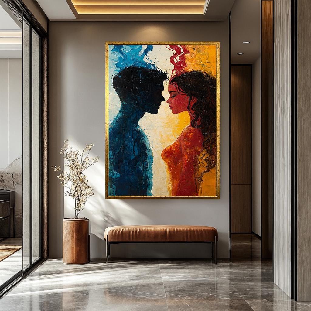 Couple Wall Art - Abstract Fire and Ice Painting | Passionate Blue Red Canvas