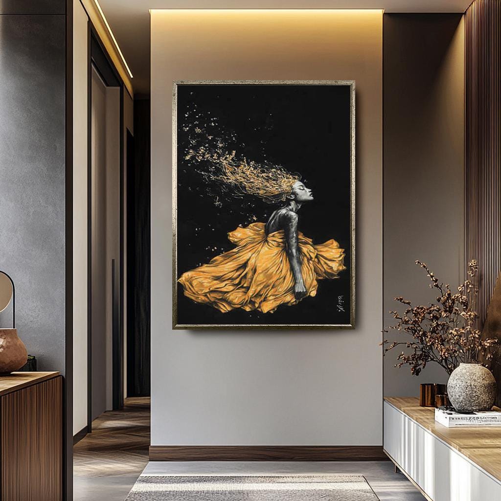 Golden Women Wall Art – Abstract Female Portrait Canvas | Black Gold Modern Decor