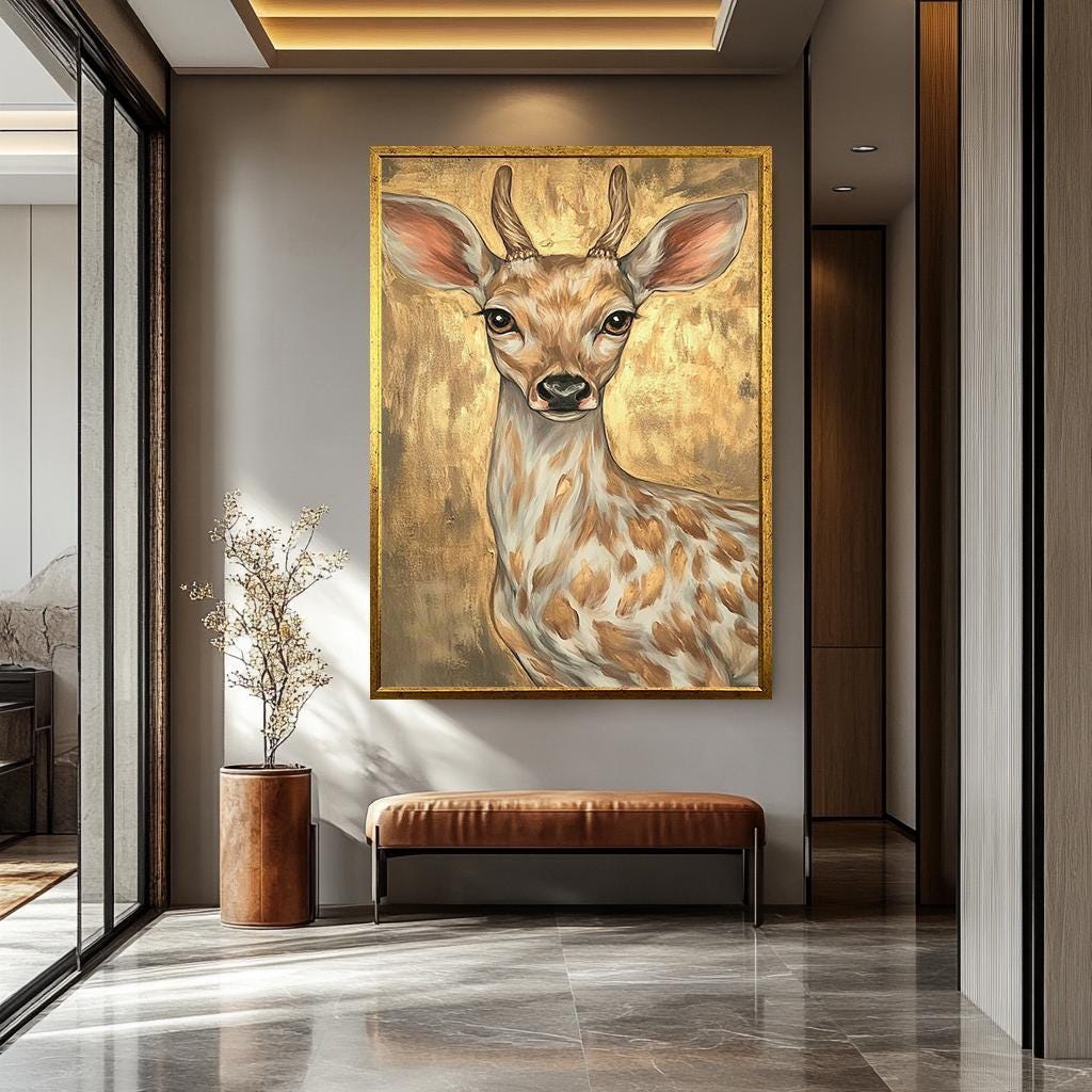 Golden Deer Canvas - Modern Animal Canvas Art | Vibrant Floral Fruit Wall Decor