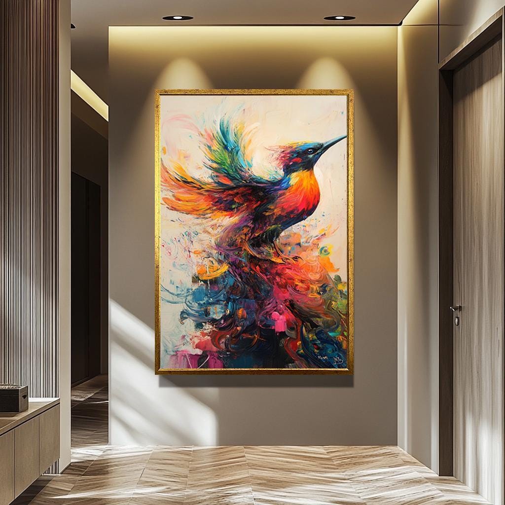 Colorful Bird Wall Art – Abstract Canvas Print With Vibrant Rainbow Painting