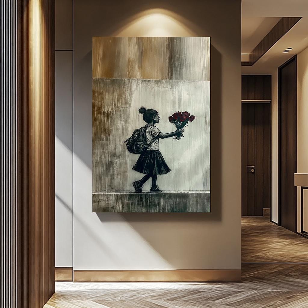 Banksy Wall Art – Girl with Roses Print | Urban Minimalist Canvas Painting