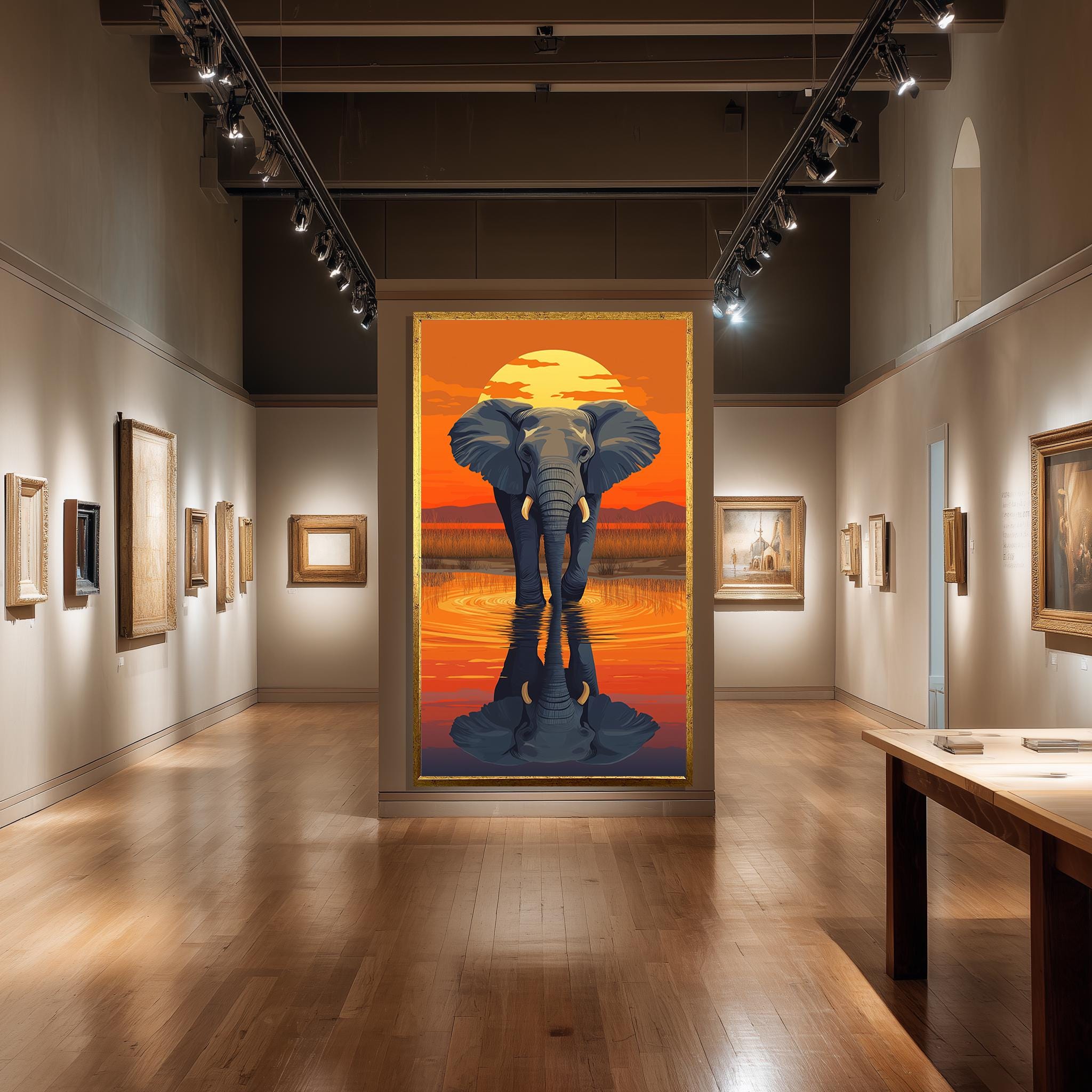 Elephant Canvas Wall Art – Majestic African Wildlife Sunset Reflection Print