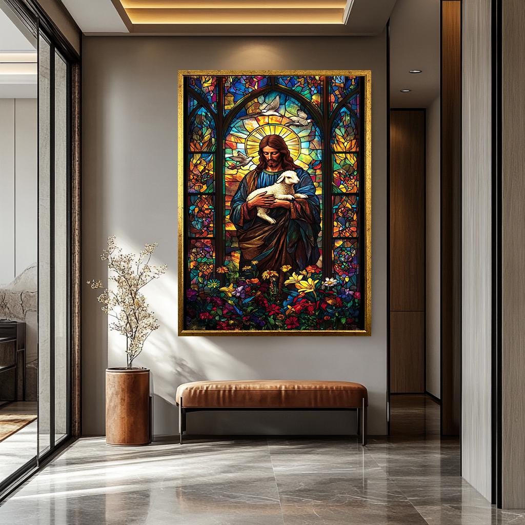Jesus Christ Canvas Print – Good Shepherd Painting | Vibrant Stained Glass Artwork