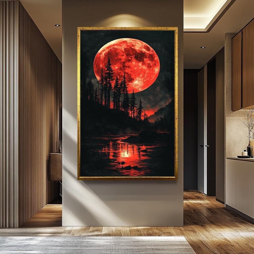 Blood Moon Wall Art – Red Moon Canvas Painting | Handmade Forest Decor