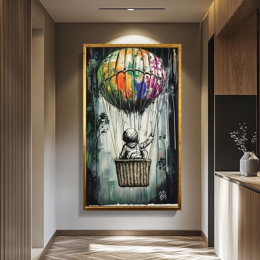 Banksy Wall Art - Colorful Hot Air Balloon Graffiti Canvas Print | Modern Street Decor