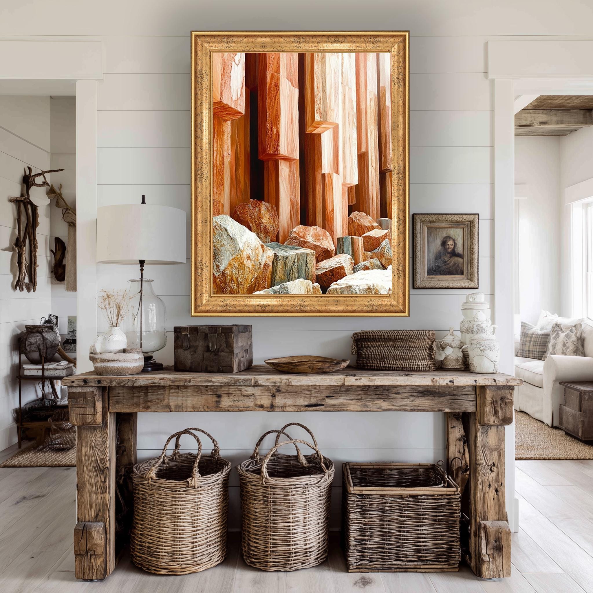 Natural Stone Wall Art – Geometric Rock Art Canvas Print in Warm Earth Tones