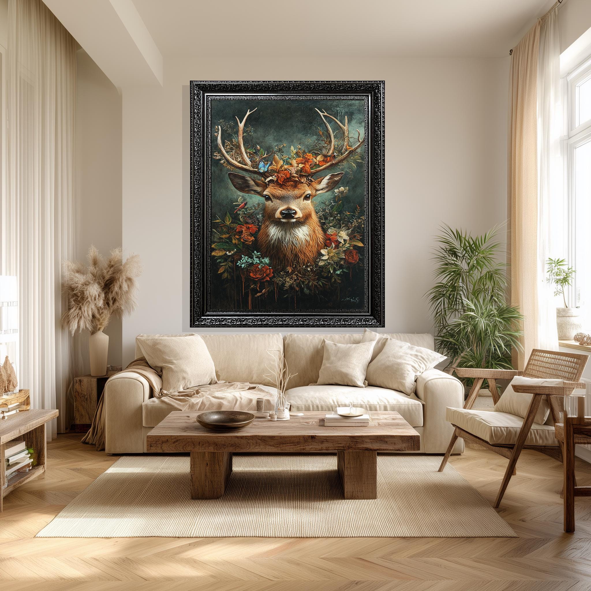 Majestic Deer Canvas Art – Rustic Floral Antlers with Butterflies | Woodland Wall Decor
