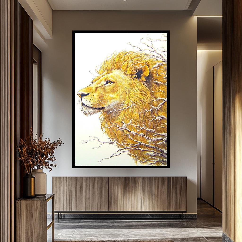 Golden Lion Wall Art – Majestic Wildlife Canvas Art | Elegant Lion Portrait Decor