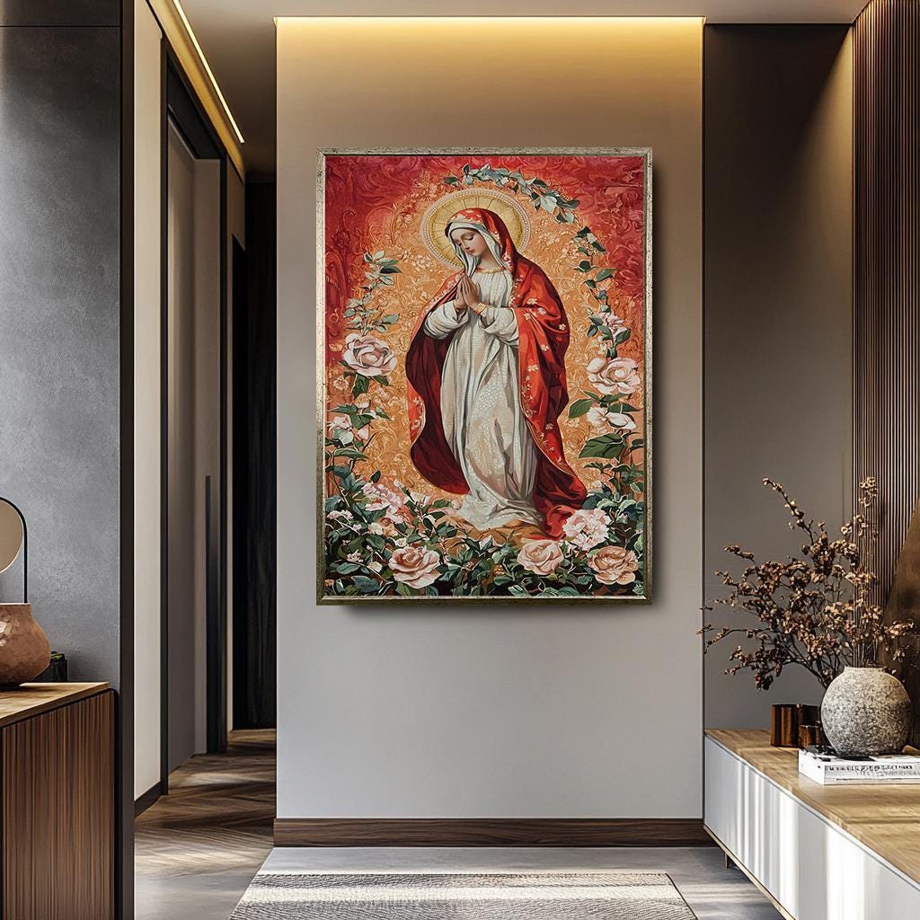 Virgin Mary Wall Art – Traditional Catholic Painting | Rose Garden Decor Canvas