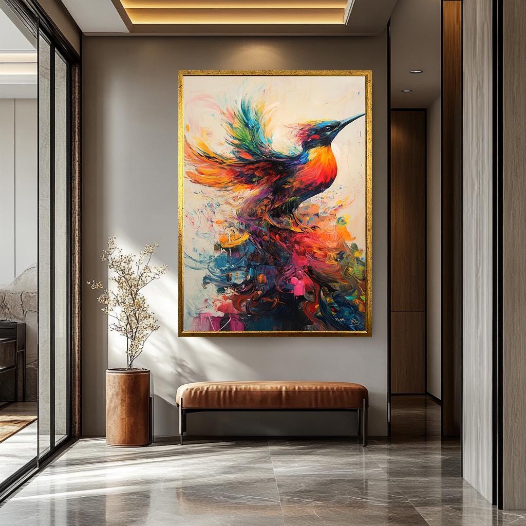 Colorful Bird Wall Art – Abstract Canvas Print With Vibrant Rainbow Painting