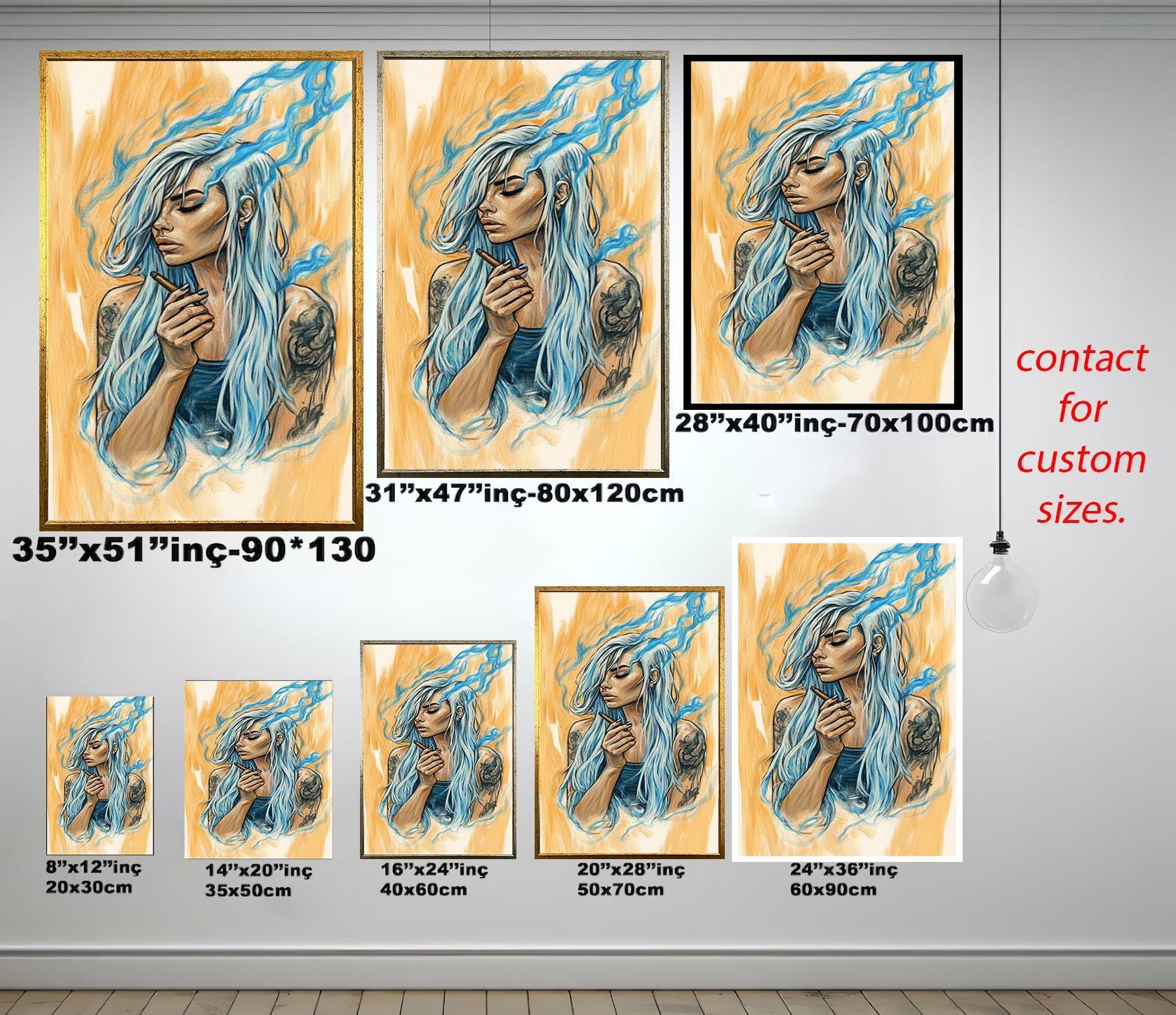 Boho Women Wall Art – Feminine Portrait Canvas with Blue Hair & Smoke Effect