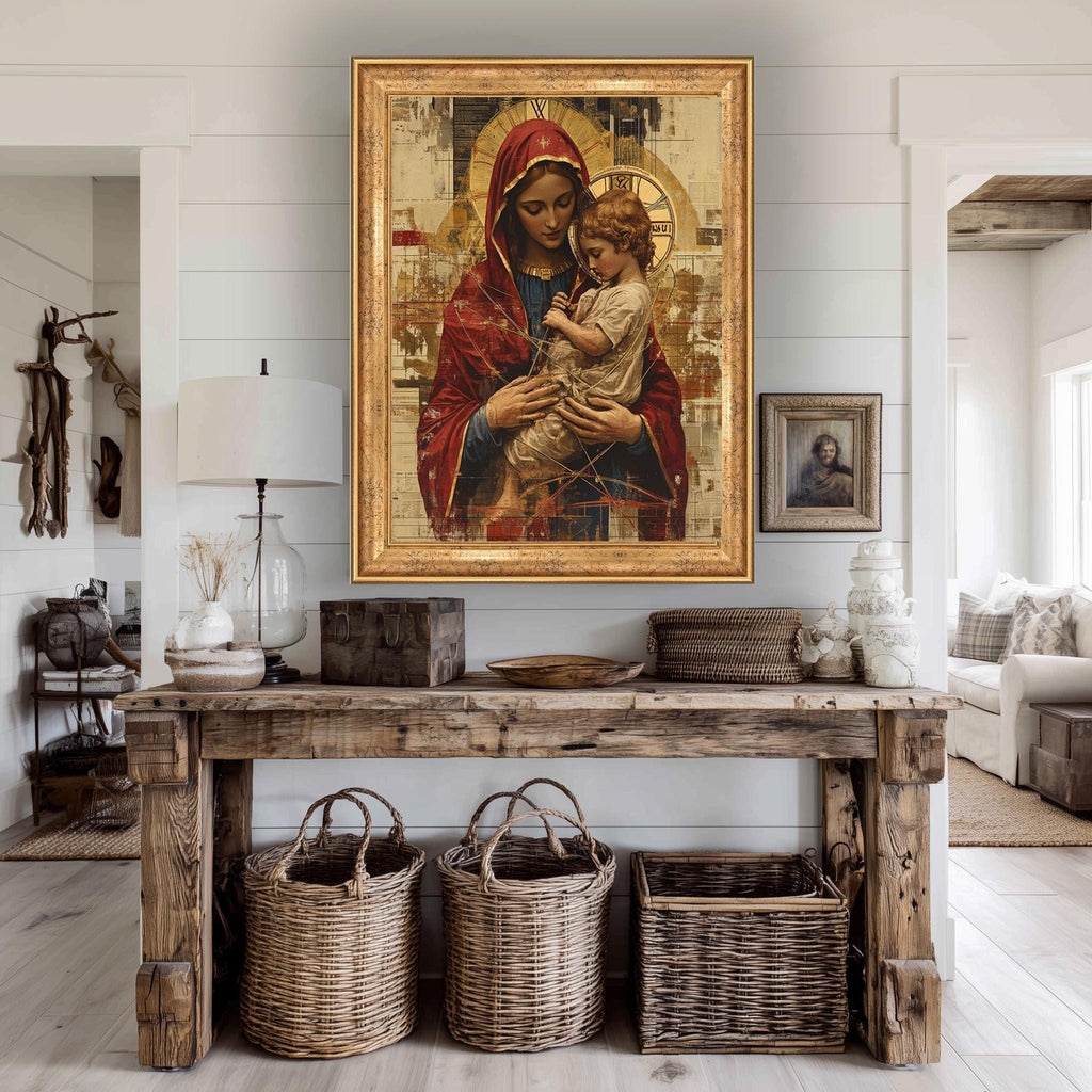 Virgin Mary Jesus Canvas - Sacred Mother Child Print | Gold Halo Artwork