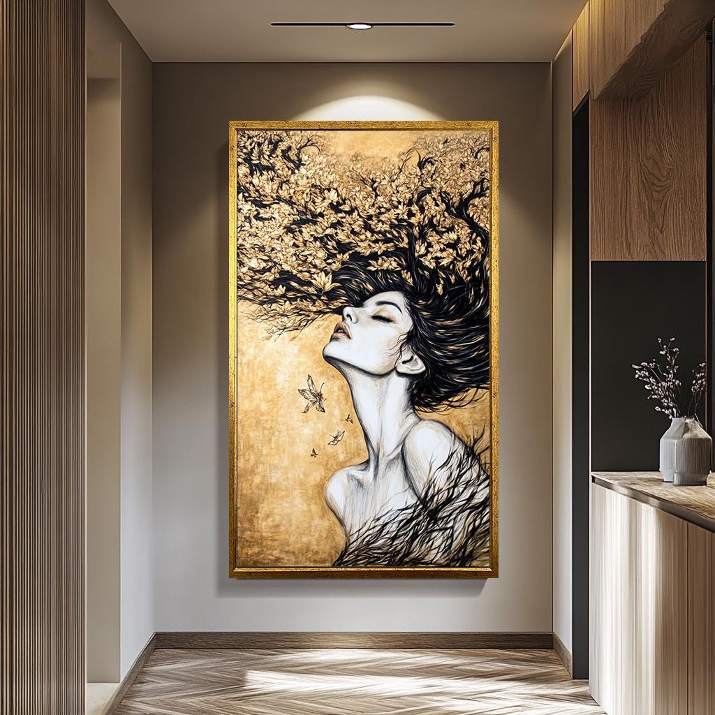 Women Wall Art – Gold Black Abstract Portrait | Elegant Feminine Canvas Decor