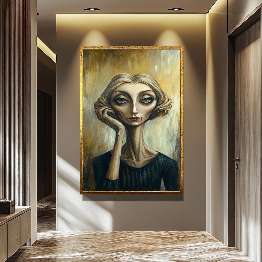 Abstract Woman Wall Art – Surreal Expressionist Painting | Quirky Female Portrait Print