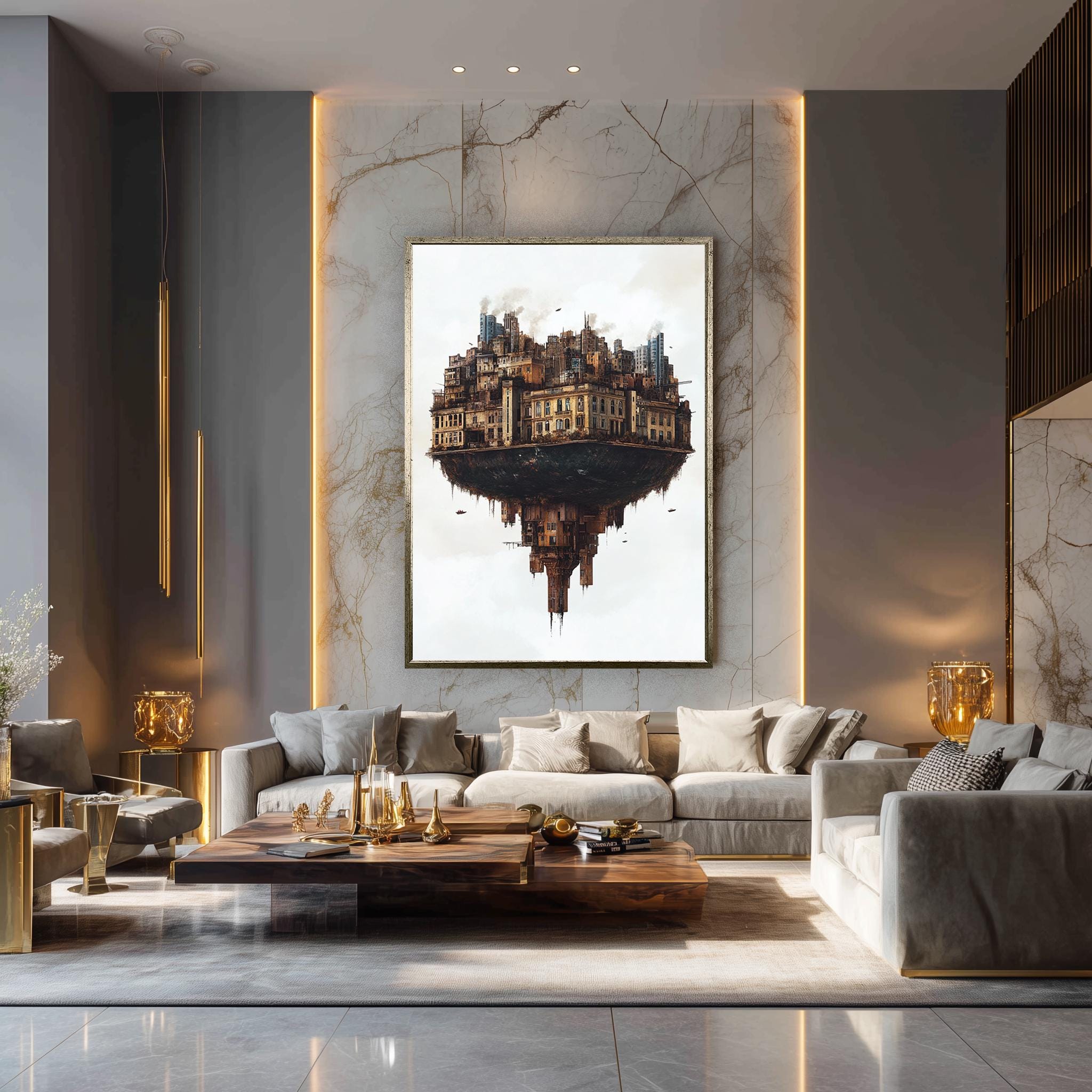 Floating City Canvas – Surreal Urban Fantasy Print with Inverted Buildings Art