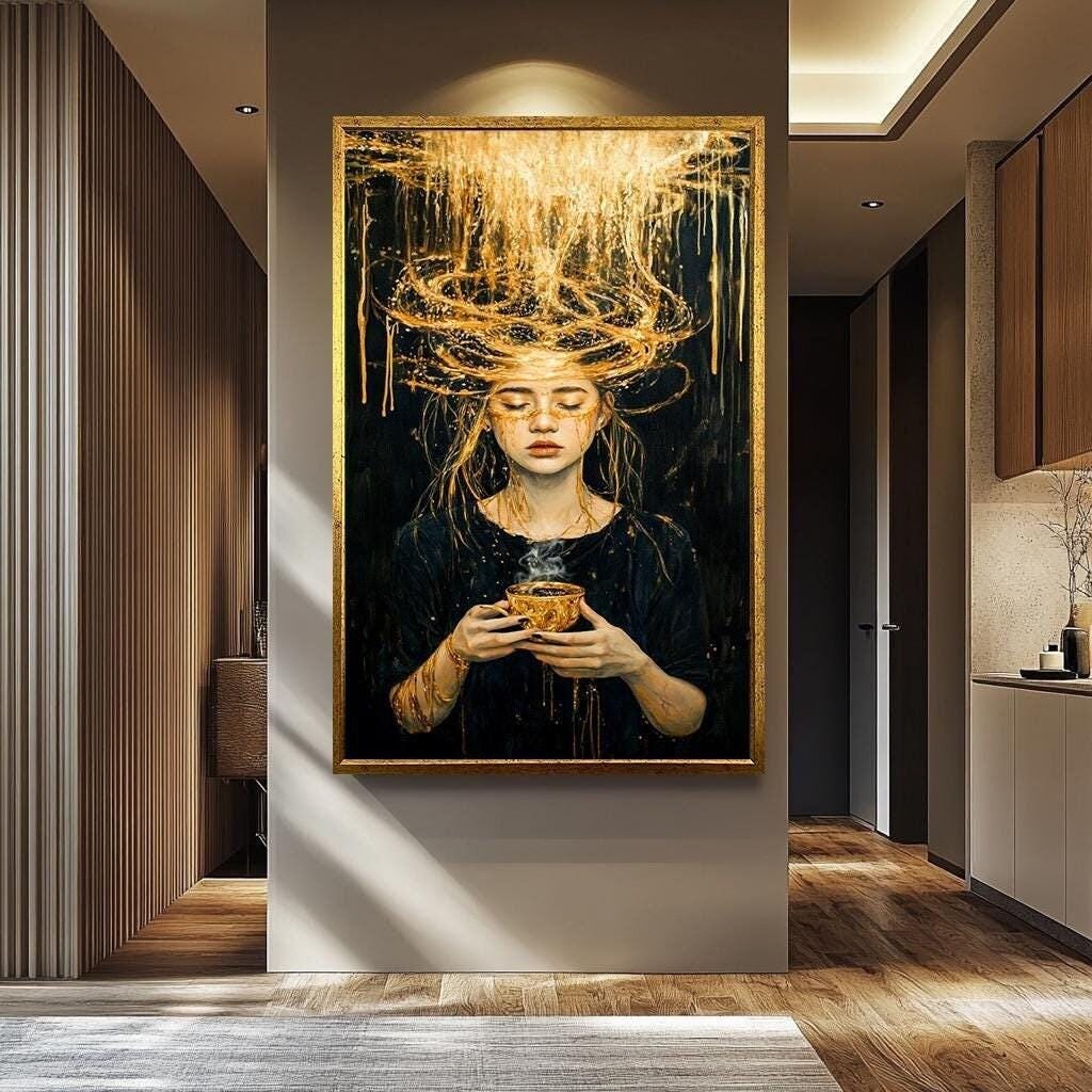 Abstract Woman Wall Art – Luxurious Black and Gold Canvas Female Portrait Print