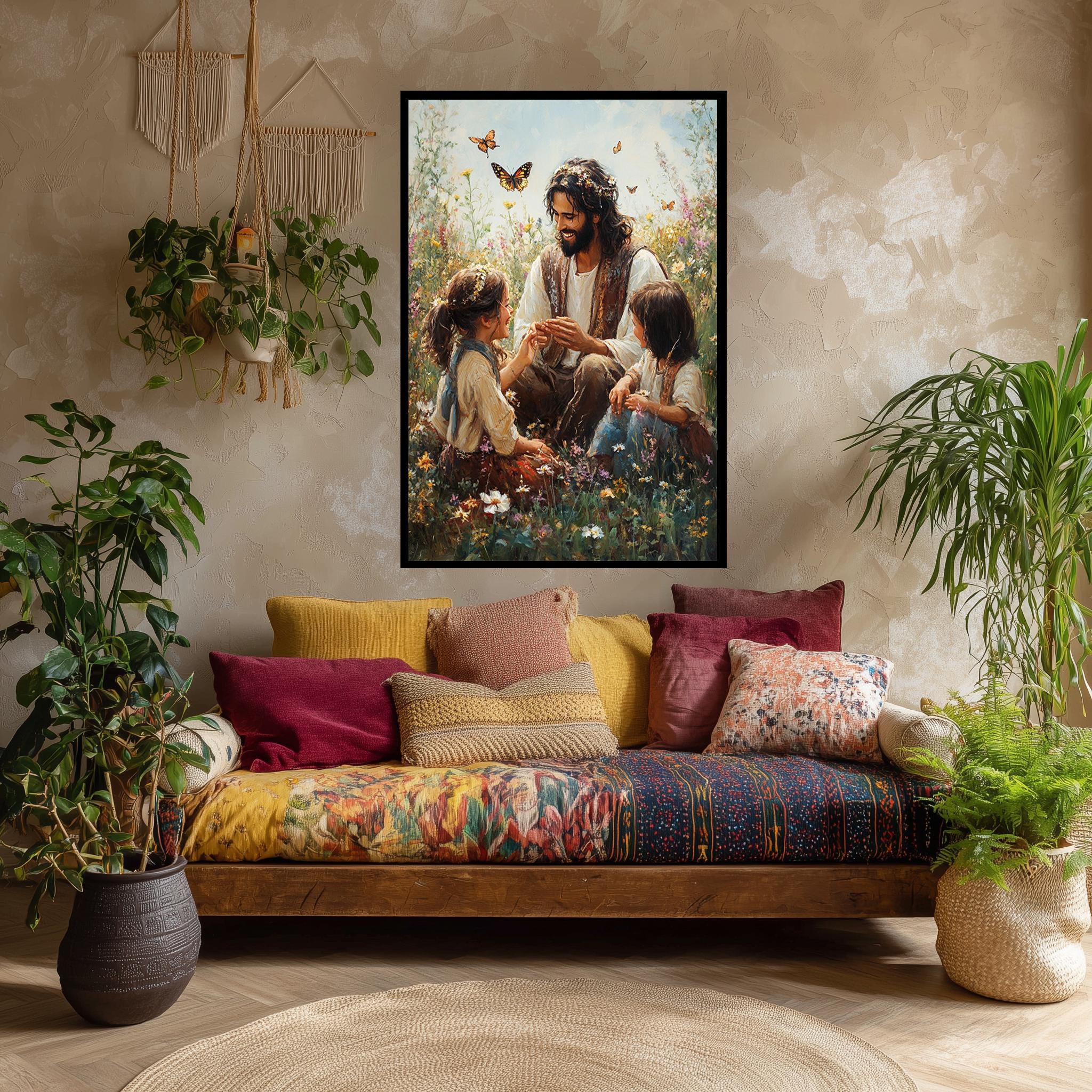 Jesus with Children Canvas - Joyful Christian Wall Art | Flower Field Print