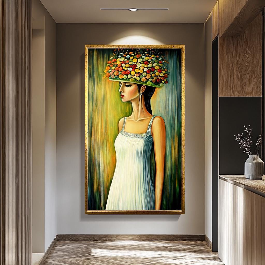Floral Women Wall Art - Whimsical Portrait Canvas With Flower Hat | Elegant Botanical Decor