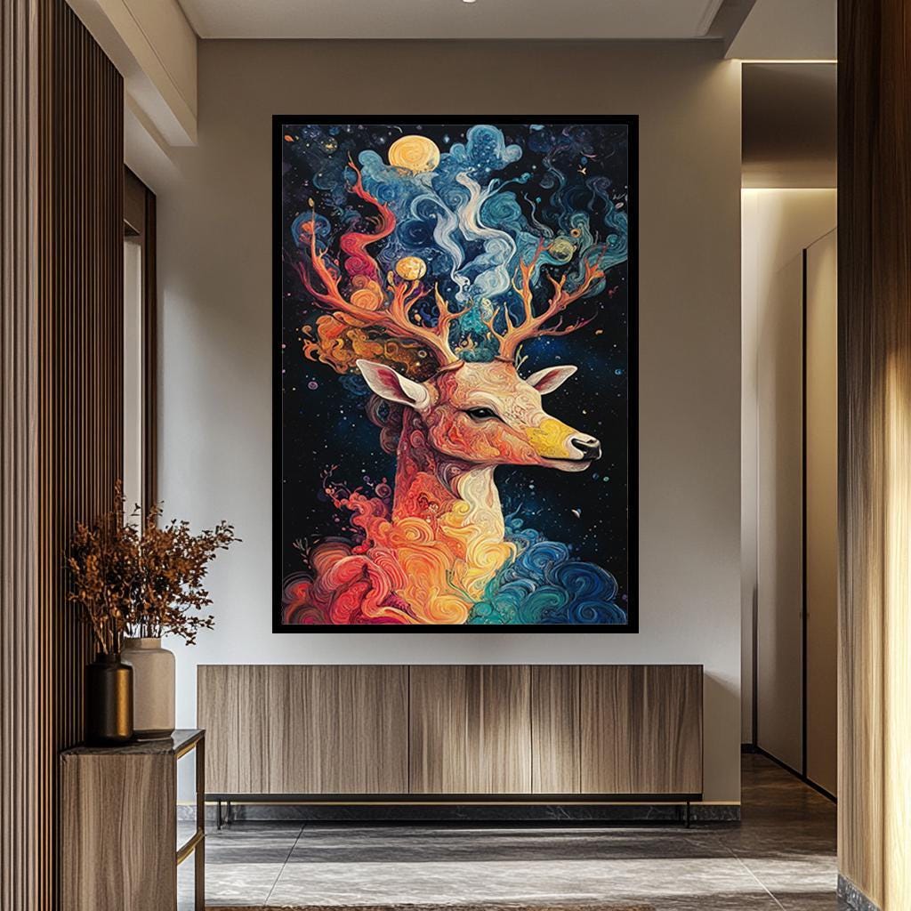Deer Canvas Print - Rustic Wall Art | Large Colorful Deer Painting Print