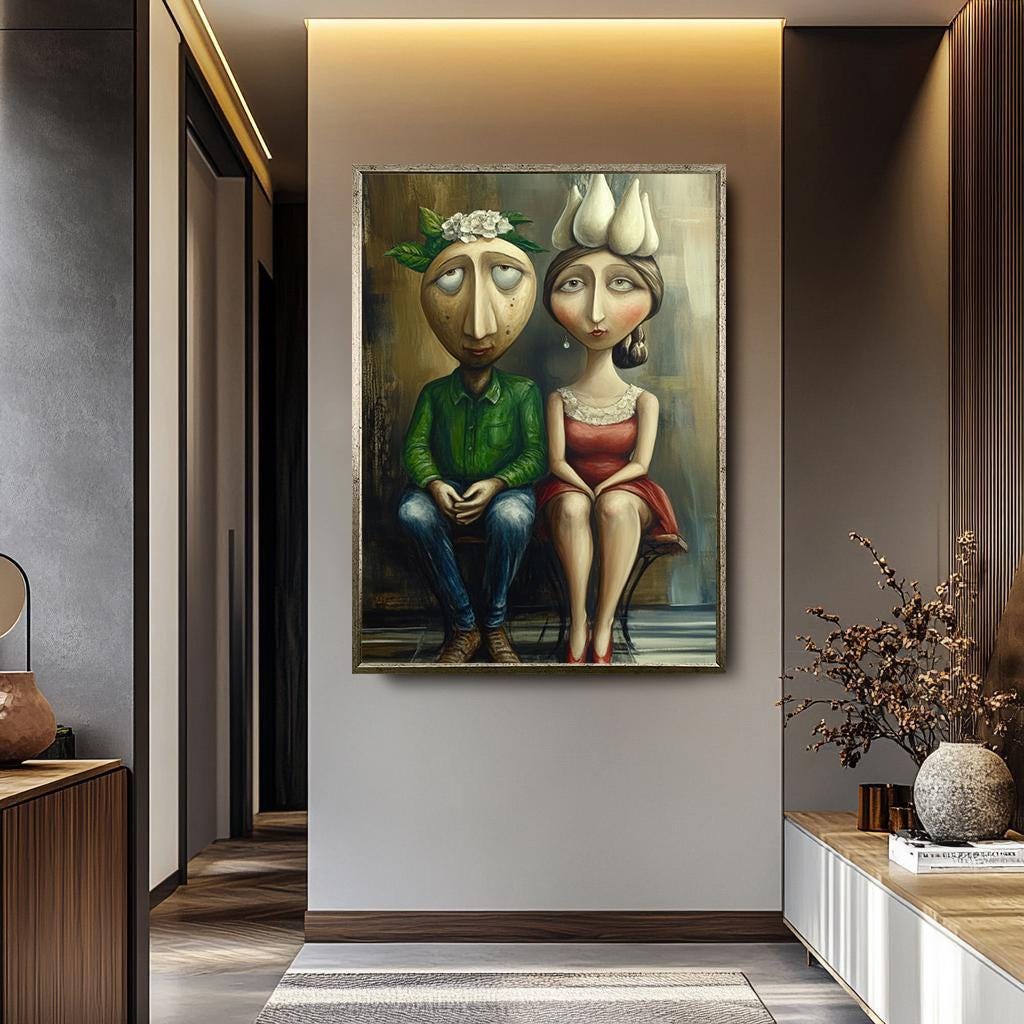 Quirky Couple Wall Art - Unique Romantic Canvas Print | Whimsical Surreal Painting