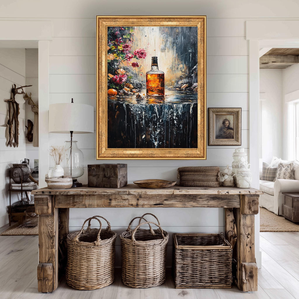 Whiskey Bottle Wall Art – Floral Canvas Print With Waterfall, Romantic Bar Artwork