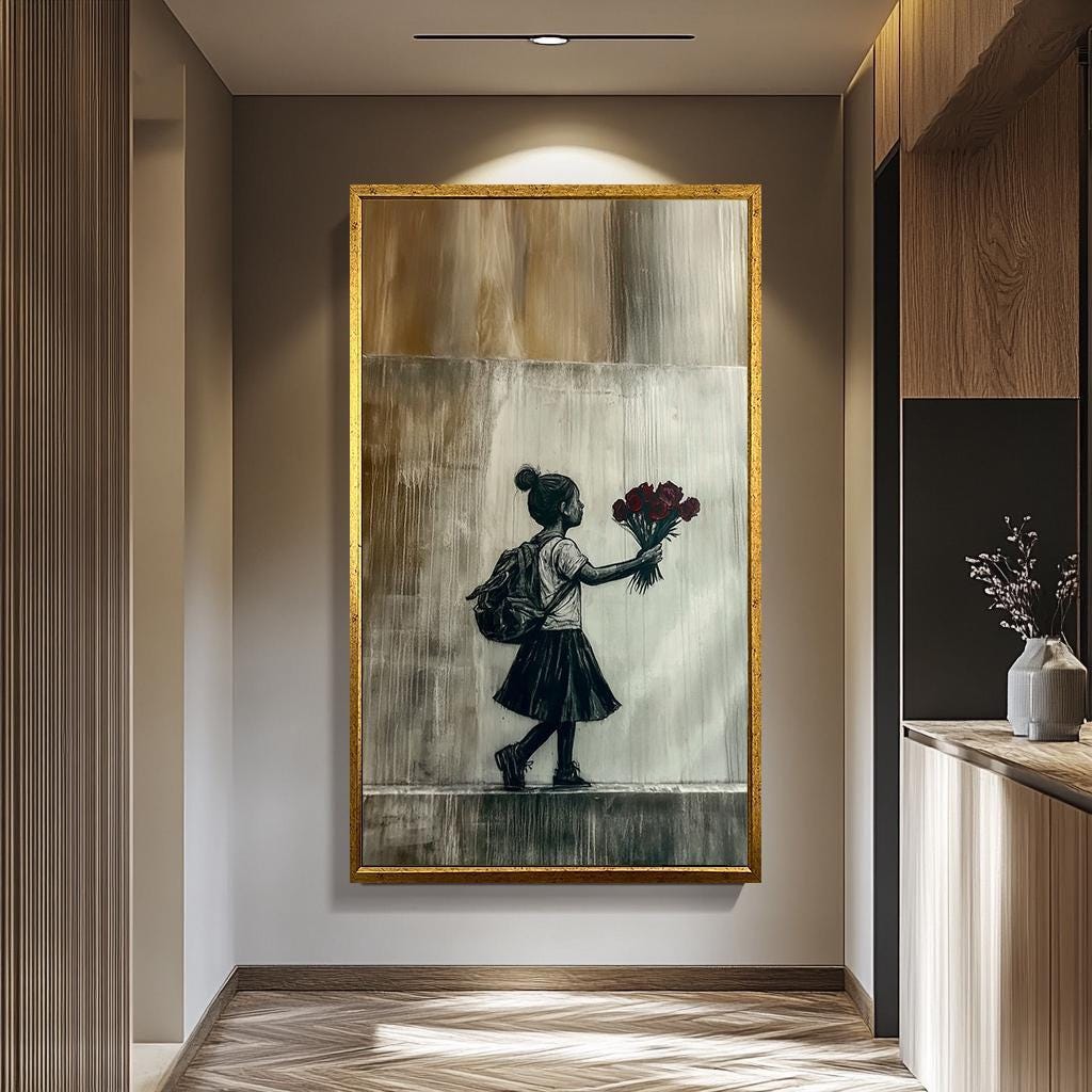 Banksy Wall Art – Girl with Roses Print | Urban Minimalist Canvas Painting
