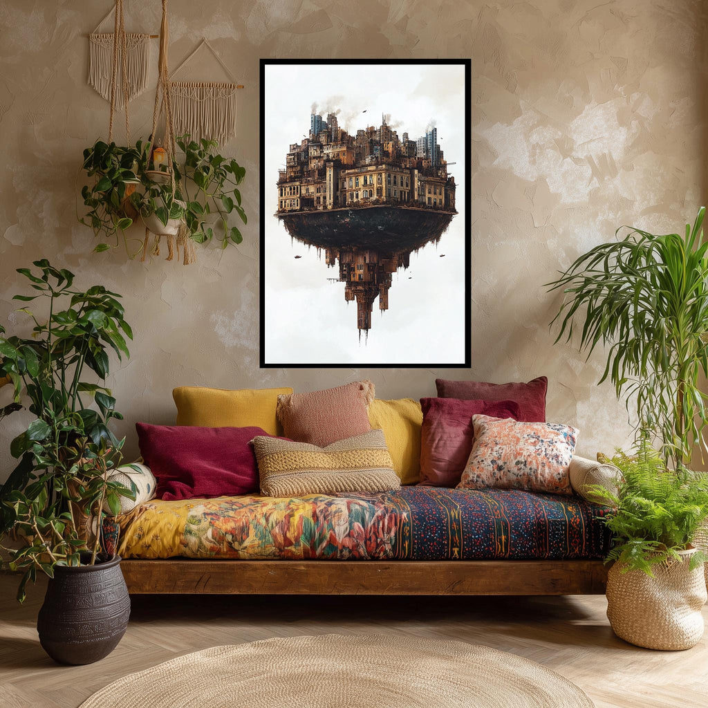 Floating City Canvas – Surreal Urban Fantasy Print with Inverted Buildings Art