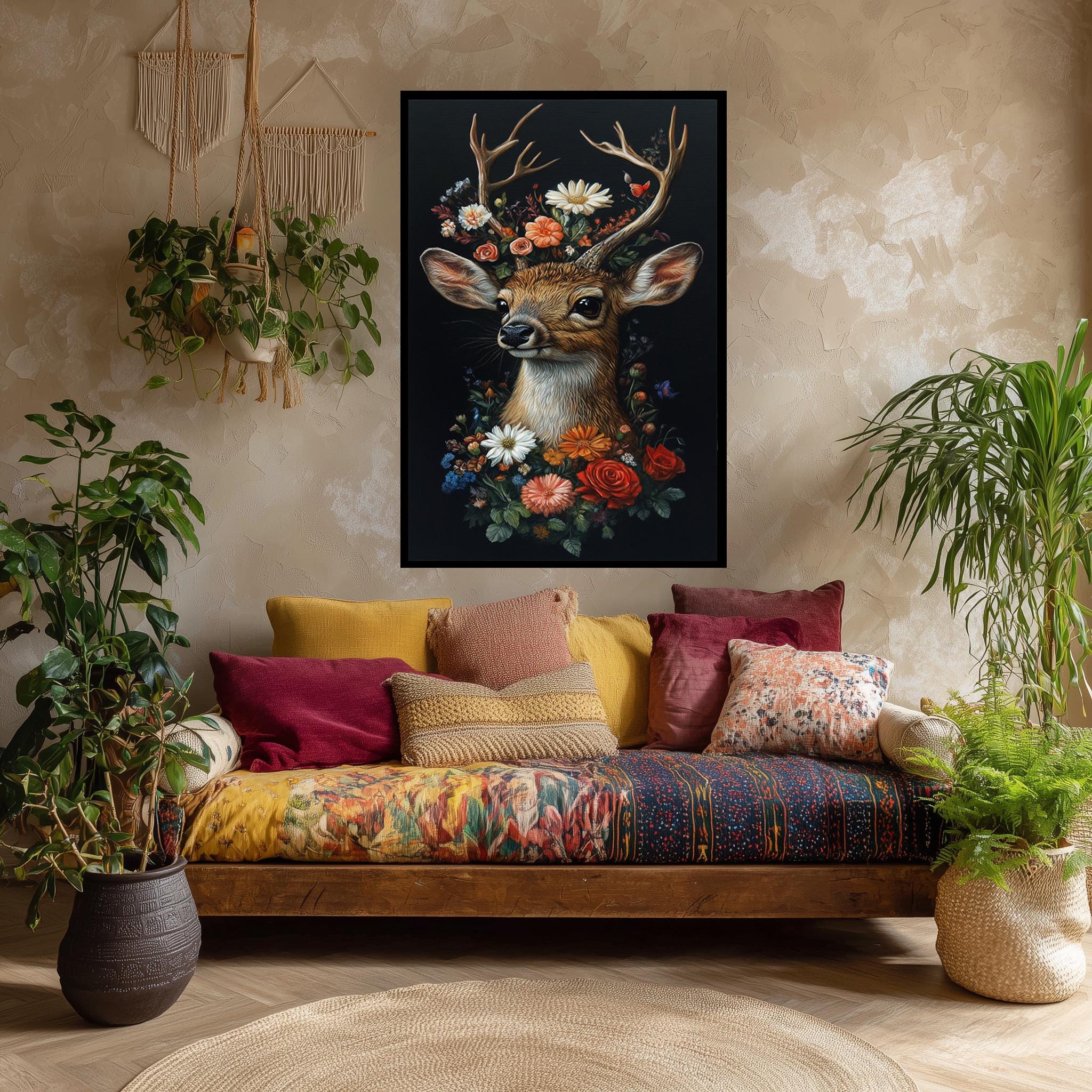 Deer Floral Wall Art – Colorful Wildflower Canvas with Rustic Woodland Animal Artwork