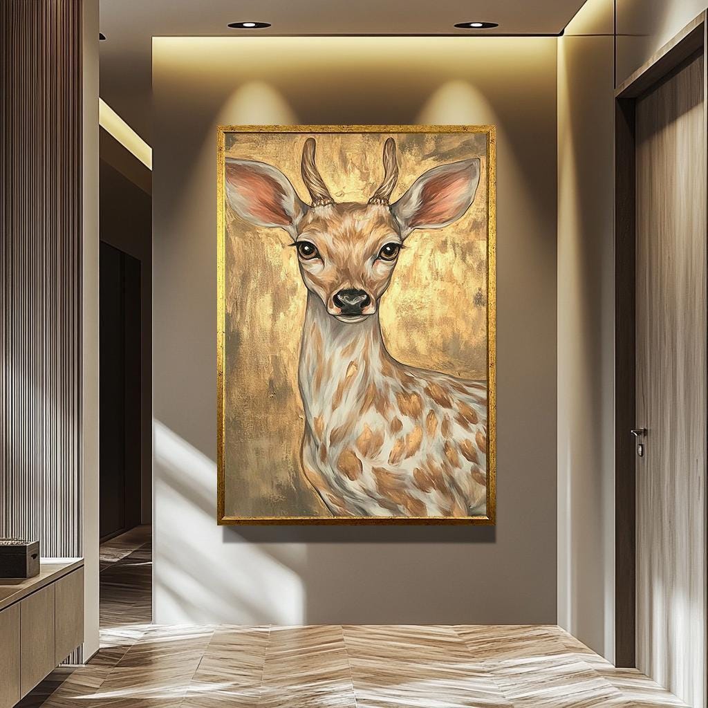 Golden Deer Canvas - Modern Animal Canvas Art | Vibrant Floral Fruit Wall Decor