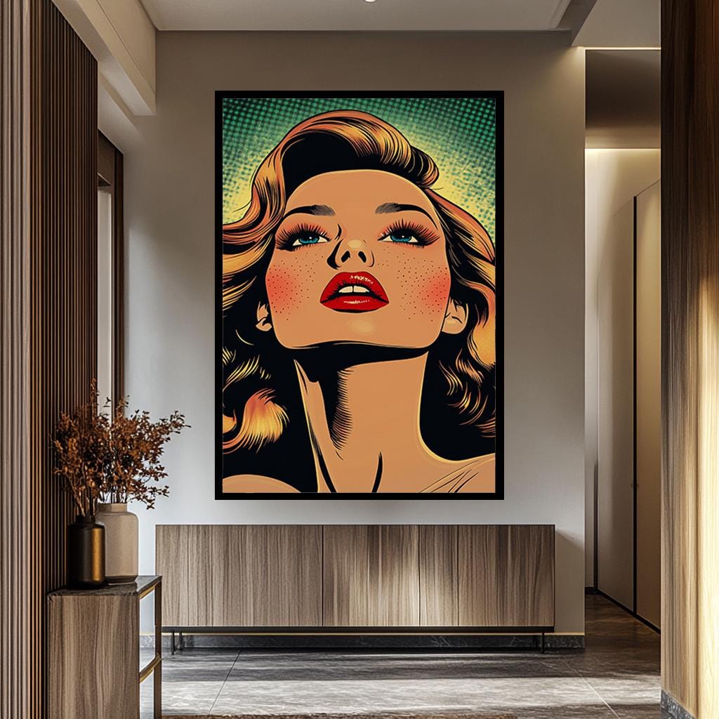 Pop Art Canvas Print – Retro Woman Artwork with Bold Red Lips & Freckles, Ready to Hang