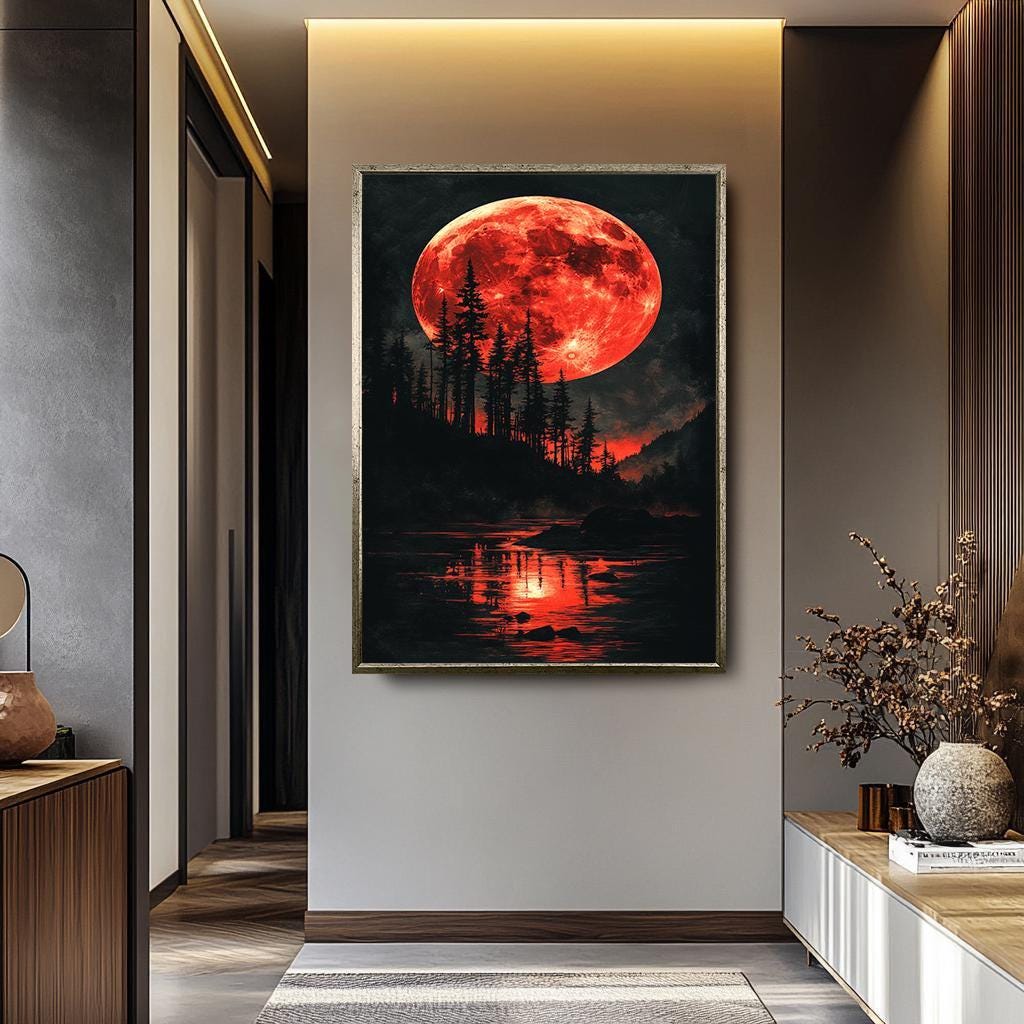 Blood Moon Wall Art – Red Moon Canvas Painting | Handmade Forest Decor