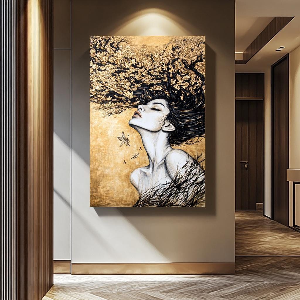 Women Wall Art – Gold Black Abstract Portrait | Elegant Feminine Canvas Decor