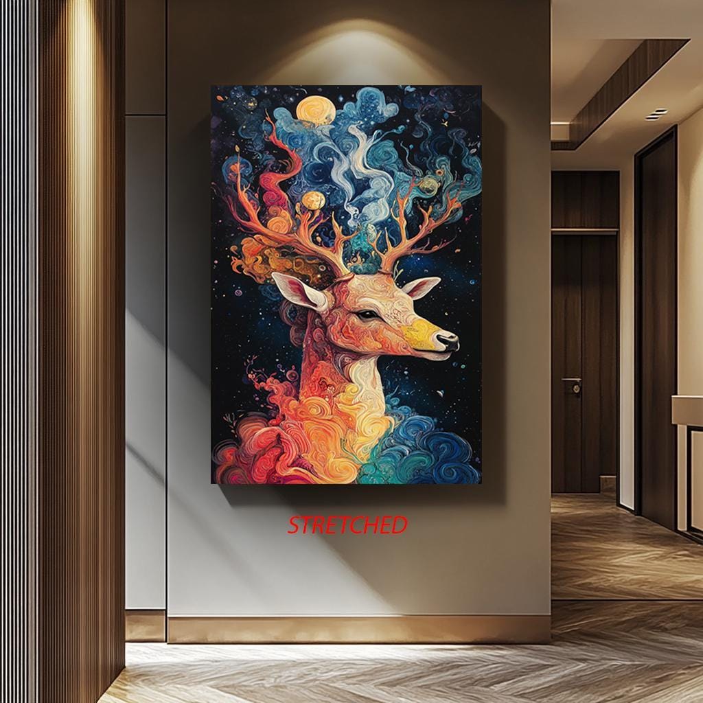 Deer Canvas Print - Rustic Wall Art | Large Colorful Deer Painting Print