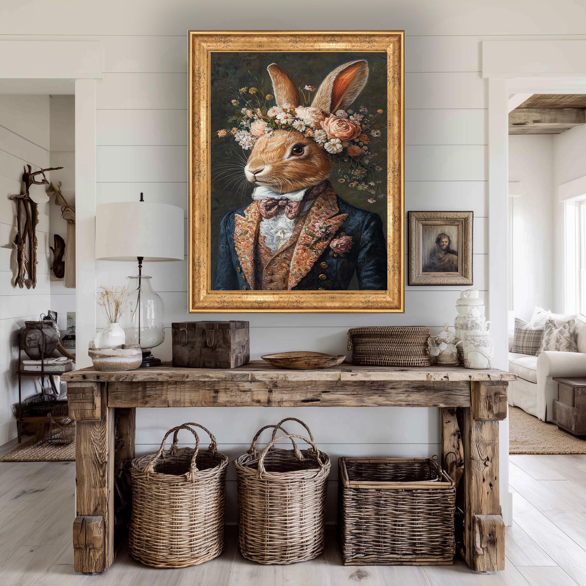 Victorian Rabbit Canvas Print – Elegant Floral Bunny Art with Rose Crown for Cottagecore Wall