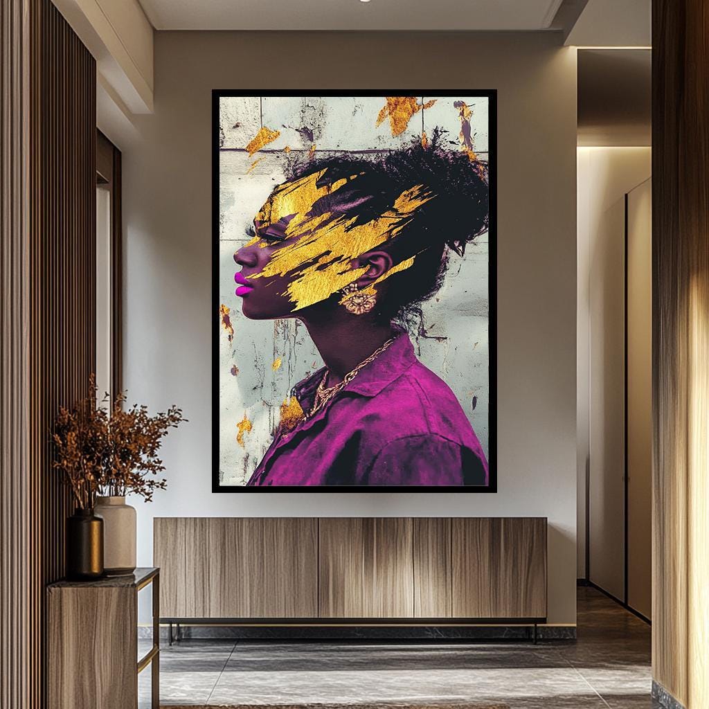 Black Woman Wall Art – Gold Abstract Canvas | Modern Feminine Decor, Vibrant Colors