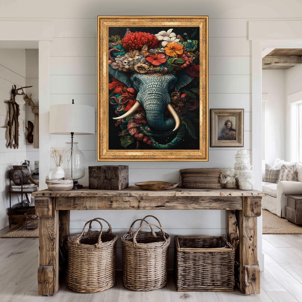 Elephant Floral Canvas Print – Vibrant Botanical Tropical Wall Art with Floral Crown Artwork