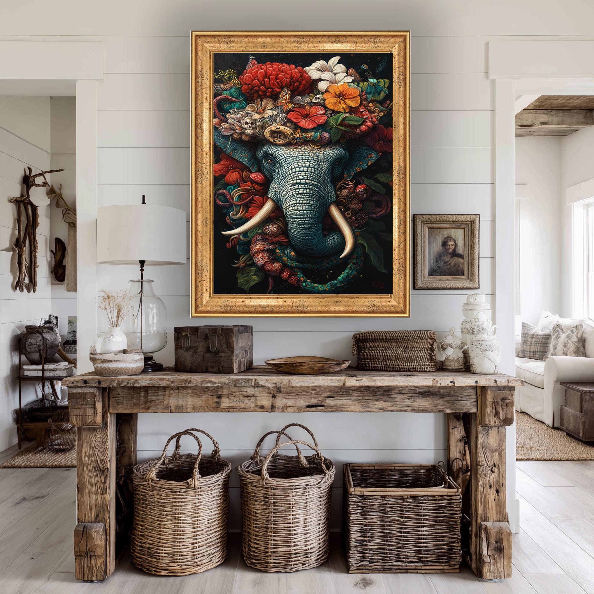 Elephant Floral Canvas Print – Vibrant Botanical Tropical Wall Art with Floral Crown Artwork