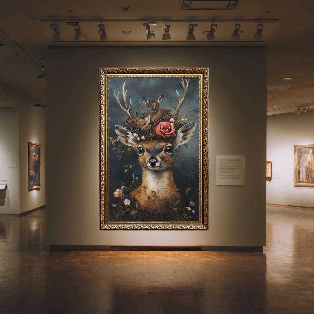 Woodland Deer Canvas Art – Rustic Animal Wall Decor with Baby Fawns & Flowers