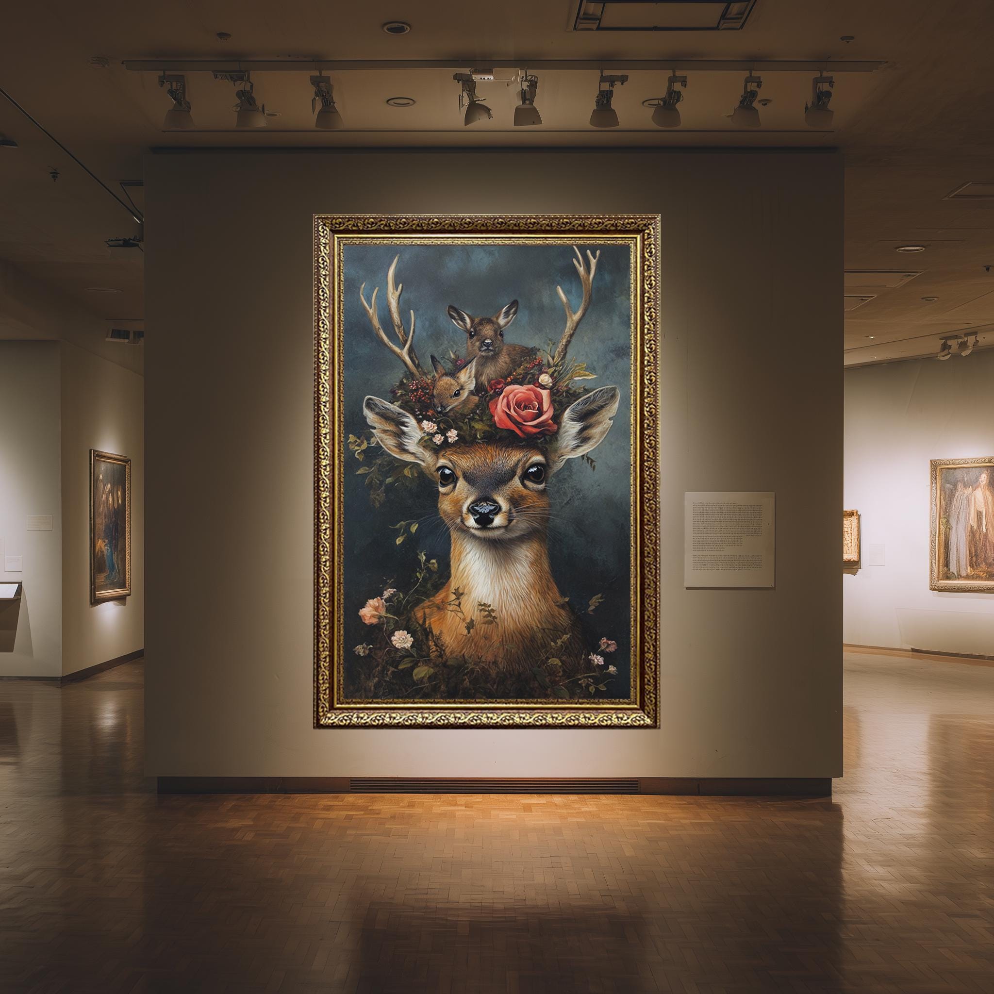 Woodland Deer Canvas Art – Rustic Animal Wall Decor with Baby Fawns & Flowers