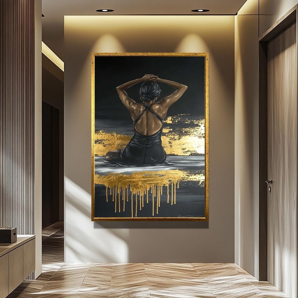 Black Woman Wall Art – Gold Leaf Canvas | Modern Female Painting | Textured Canvas Print
