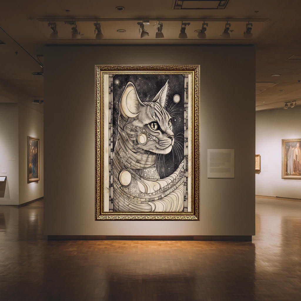 Art Nouveau Cat Canvas - Cosmic Cat Wall Art With Celestial Moon Phases