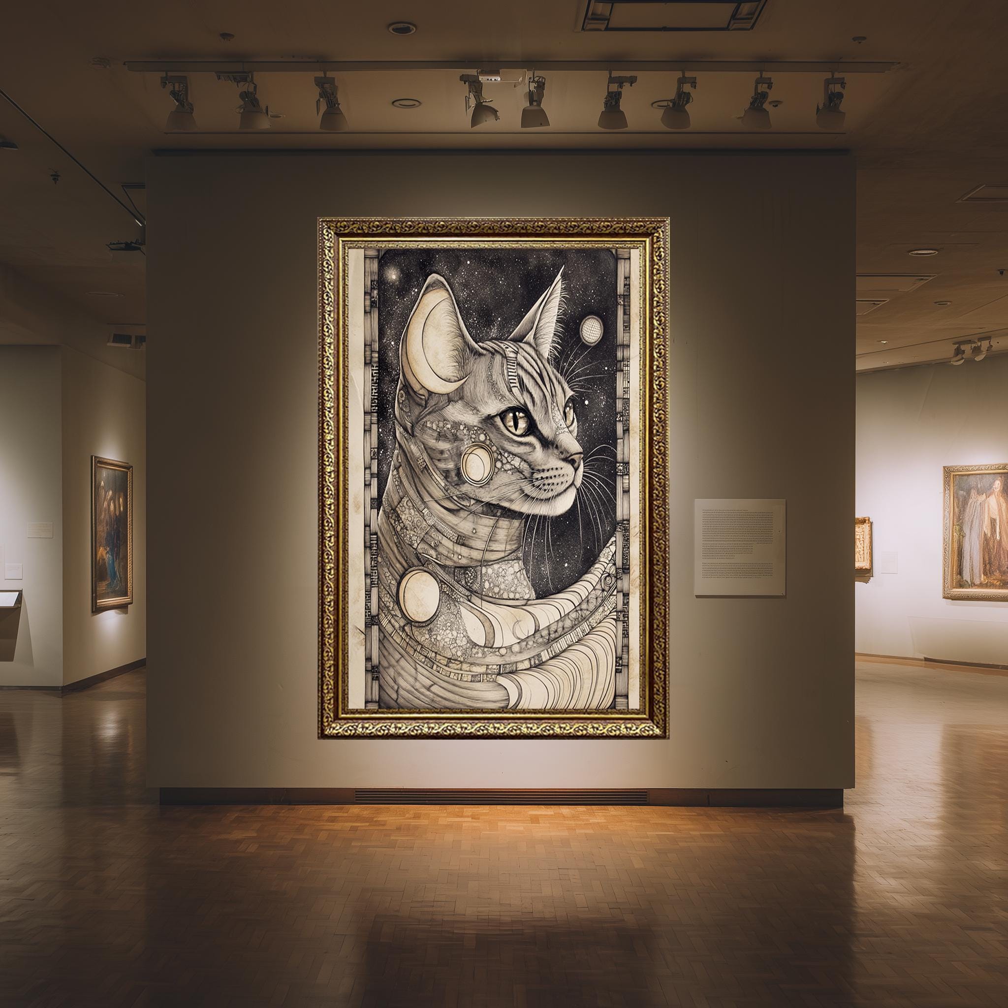 Art Nouveau Cat Canvas - Cosmic Cat Wall Art With Celestial Moon Phases