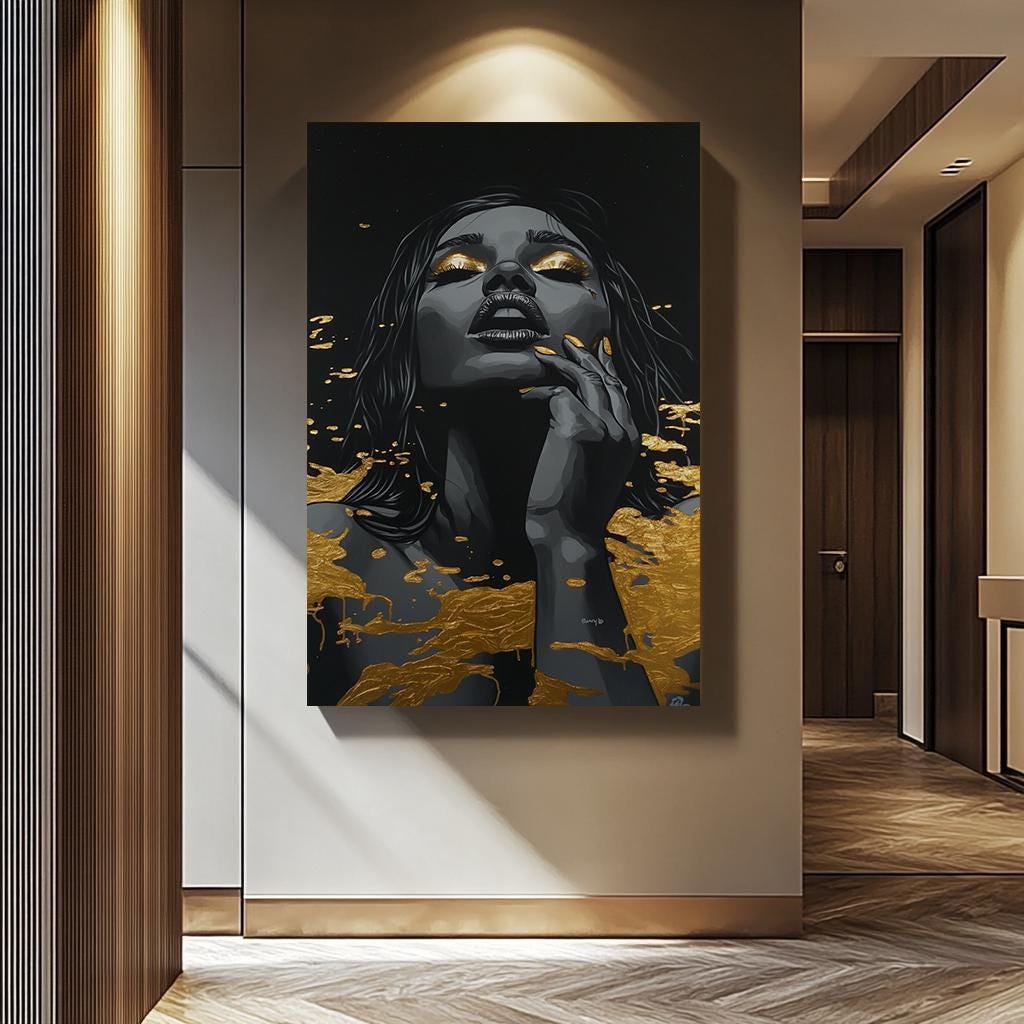 Women Wall Art | Black Gold Abstract Portrait Decor - Luxury Feminine Canvas