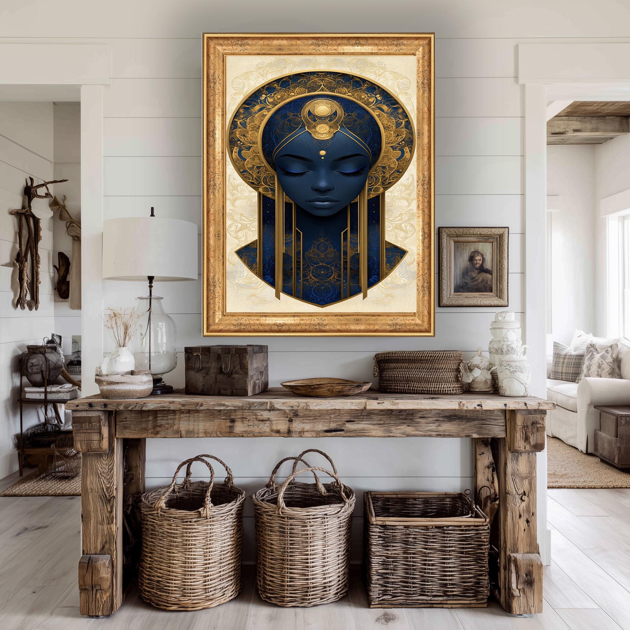 Divine Feminine Canvas Print – Afrocentric Wall Art With Blue Gold Detailing