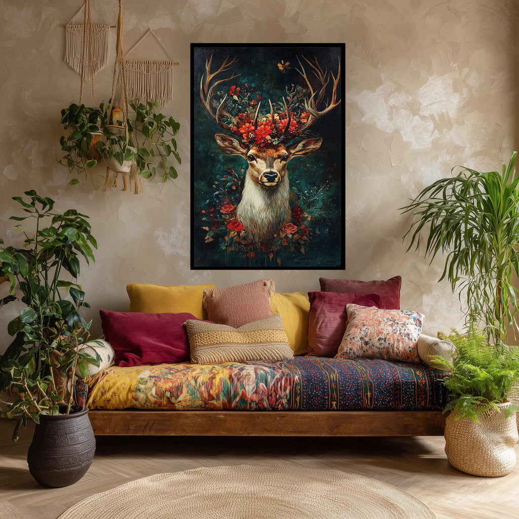 Deer Floral Canvas Print – Woodland Wall Art | Rustic Animal Painting with Botanical Antlers